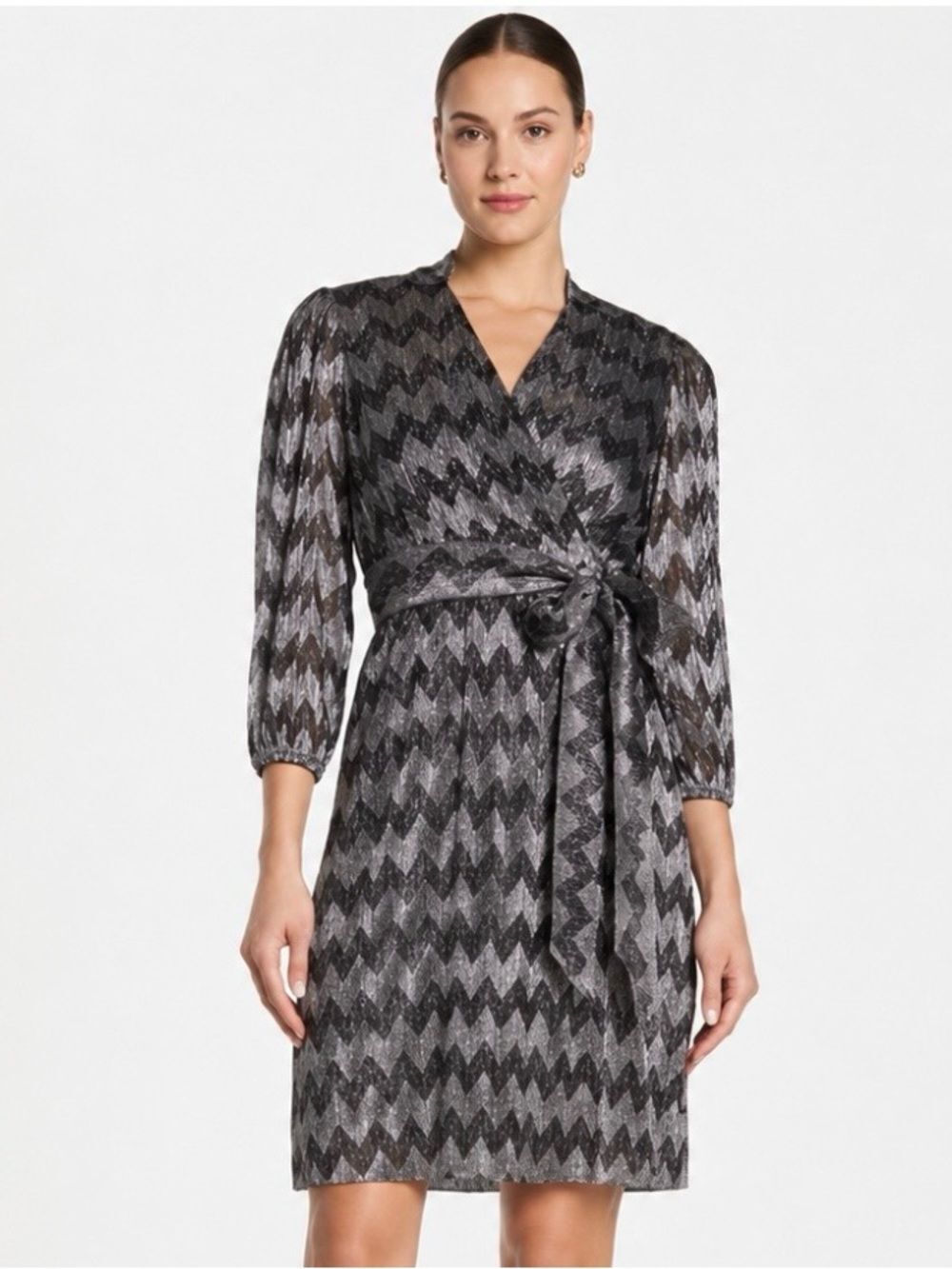 ELIZA J Charcoal Metallic Chevron Wrap Dress Size 10